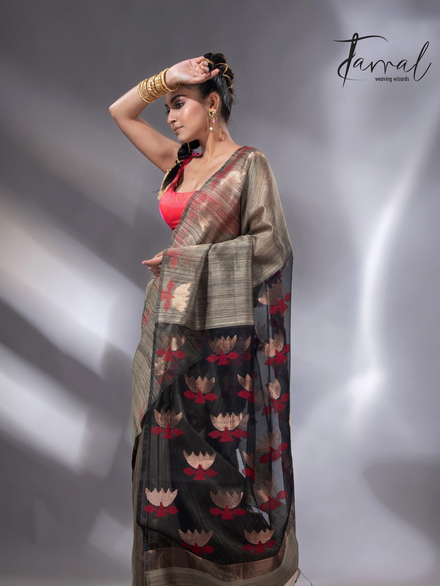 Greenish grey with gold lotus handwoven matka silk jamdani saree - Tamal Boutique