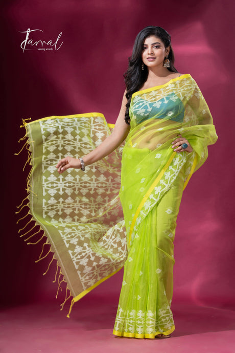 Greenish yellow handloom organza muslin silk Jamdani saree