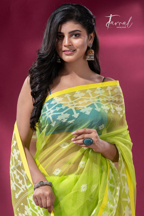 Greenish yellow handloom organza muslin silk Jamdani saree1