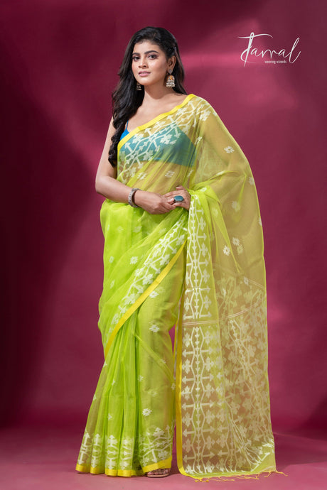 Greenish yellow handloom organza muslin silk Jamdani saree2
