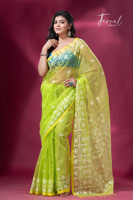 Greenish yellow handloom organza muslin silk Jamdani saree3