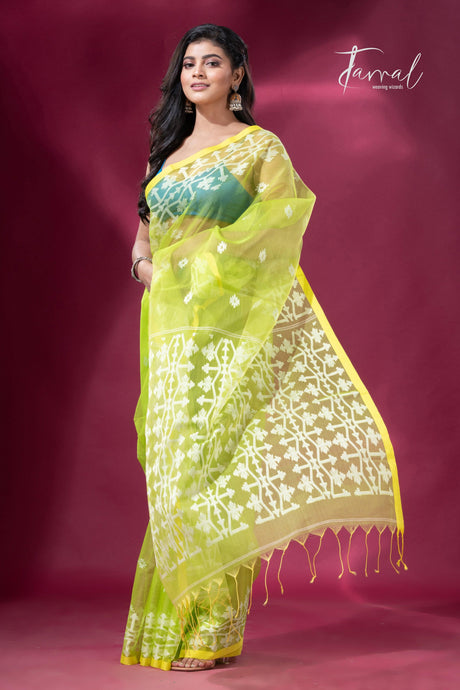 Greenish yellow handloom organza muslin silk Jamdani saree4