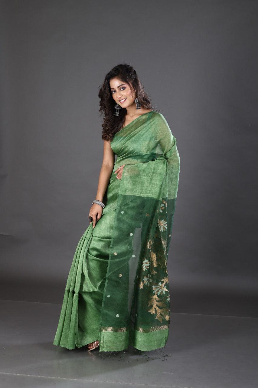 Green silk linen handwoven jamdani saree - Tamal Boutique