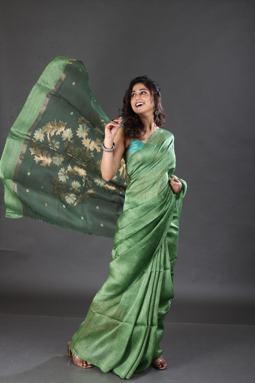 Green silk linen handwoven jamdani saree - Tamal Boutique