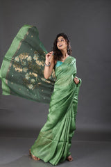 Green silk linen handwoven jamdani saree - Tamal Boutique
