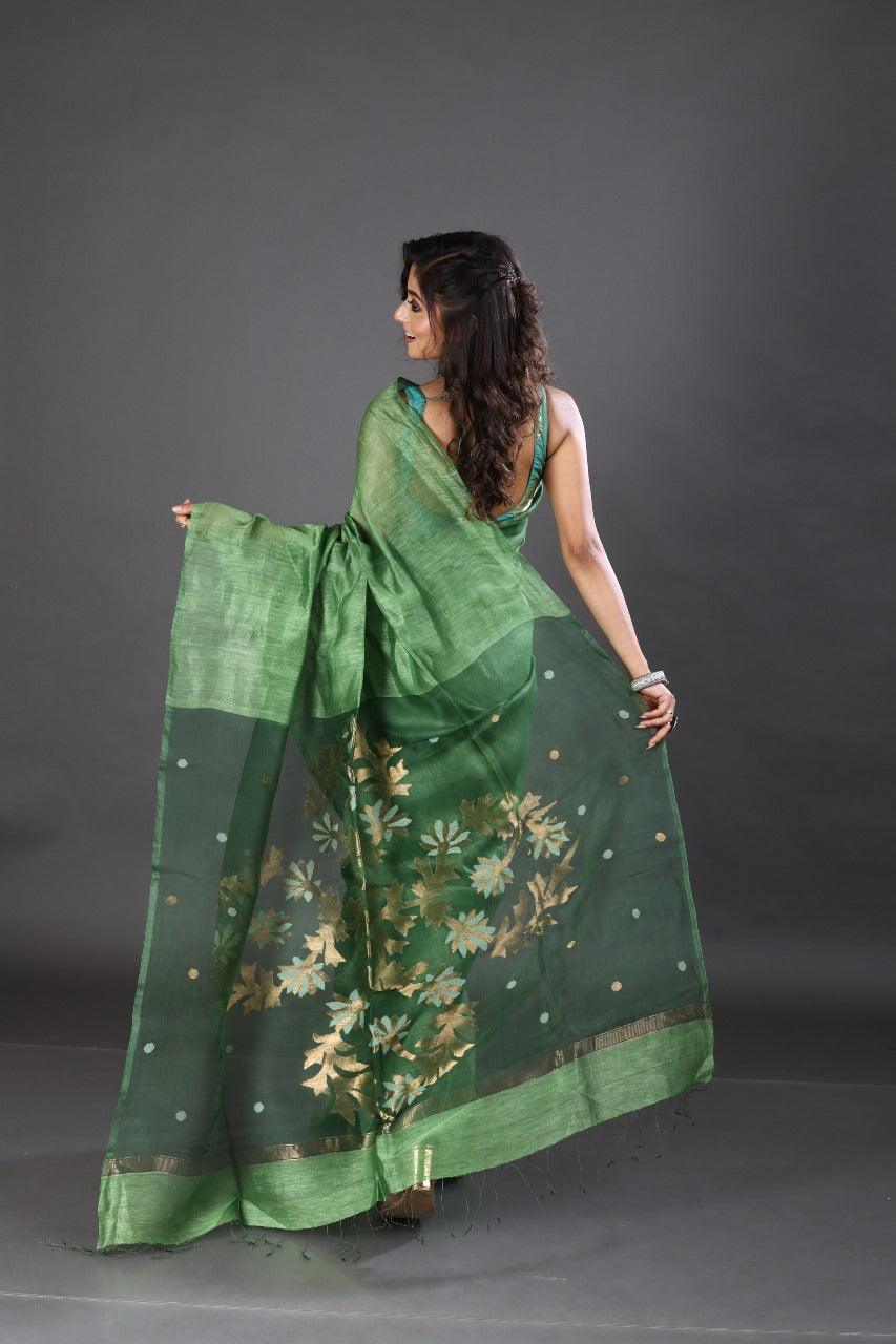 Green silk linen handwoven jamdani saree - Tamal Boutique