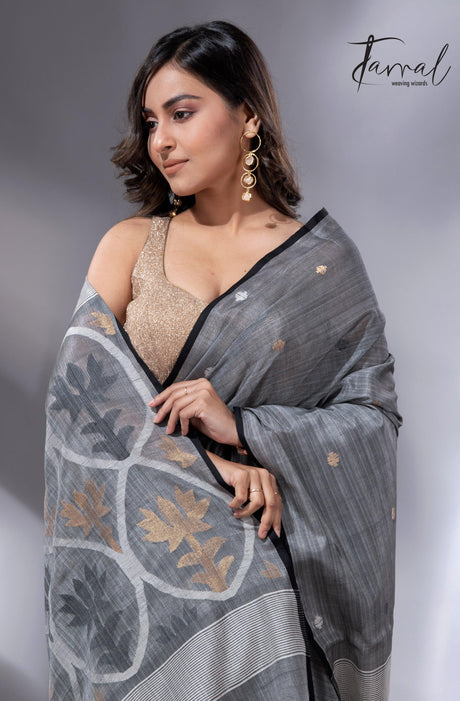 Grey Tussar Cotton Handwoven Jamdani Saree with Black Border cls