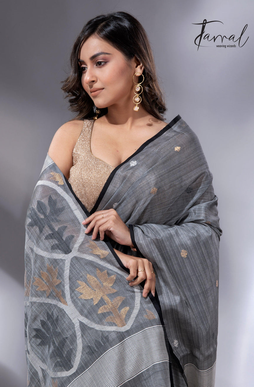 Grey Tussar Cotton Handwoven Jamdani Saree with Black Border cls