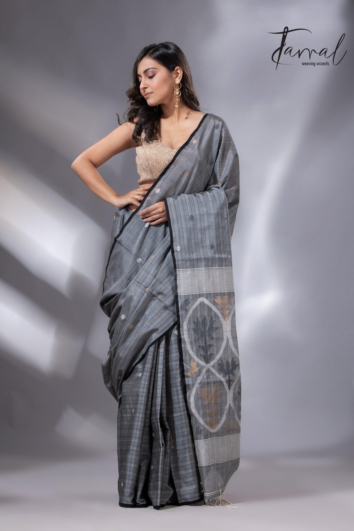 Grey Tussar Cotton Handwoven Jamdani Saree with Black Border full2