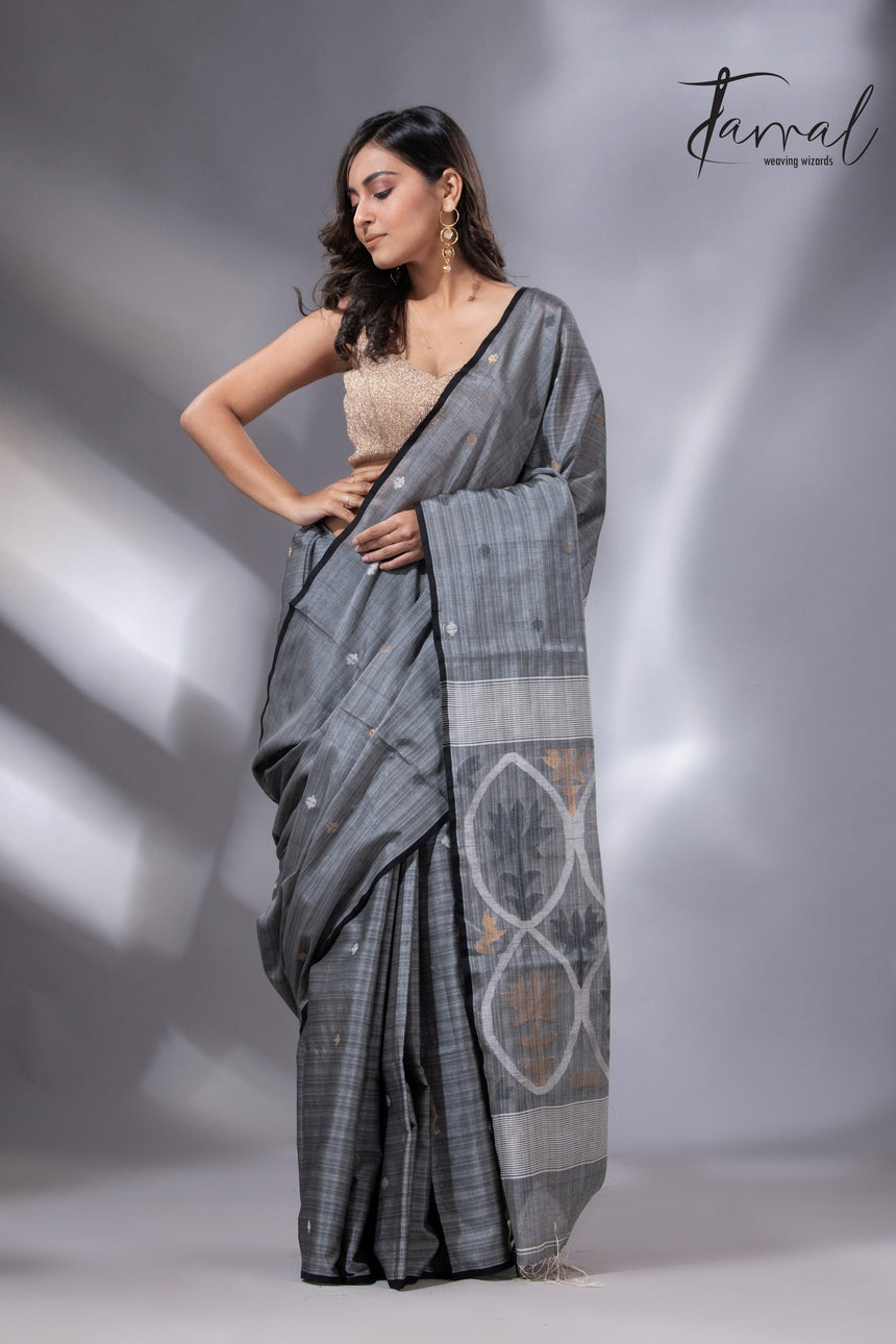 Grey Tussar Cotton Handwoven Jamdani Saree with Black Border full2