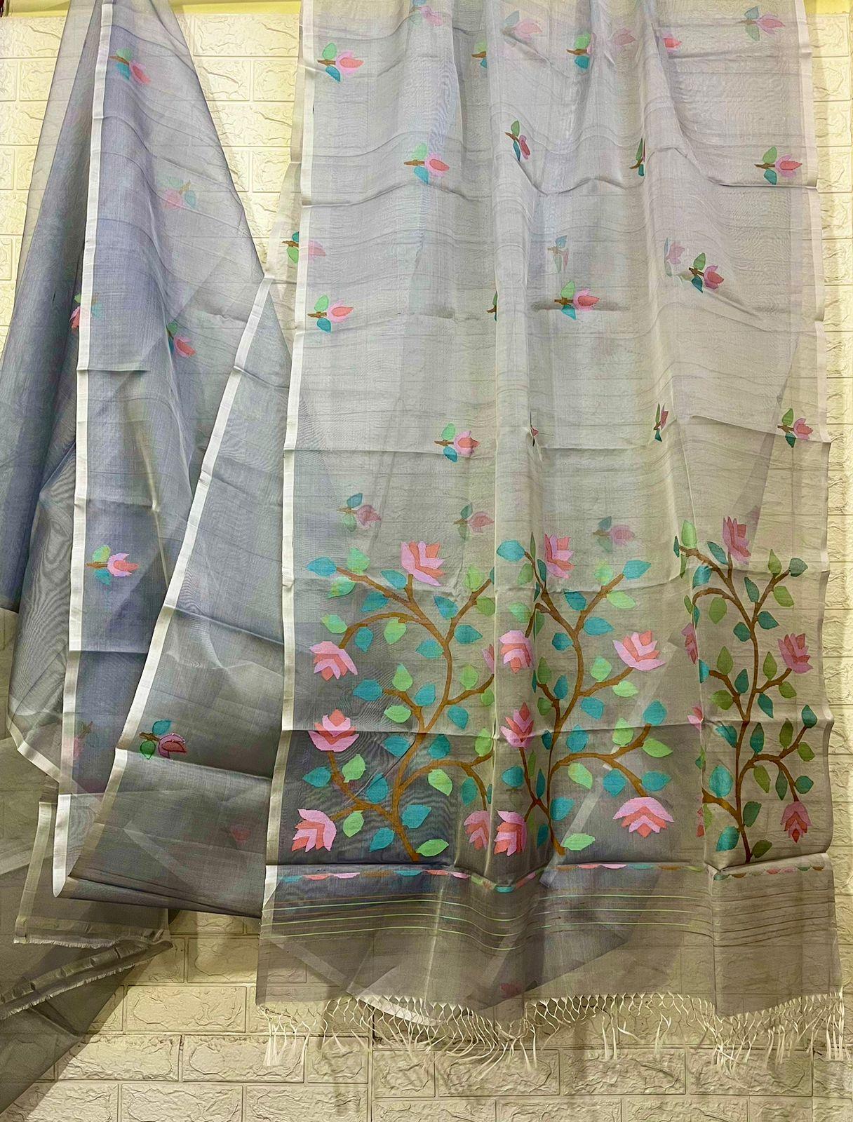 Grey with multi colour floral motifs handwoven muslin silk jamdani saree - Tamal Boutique