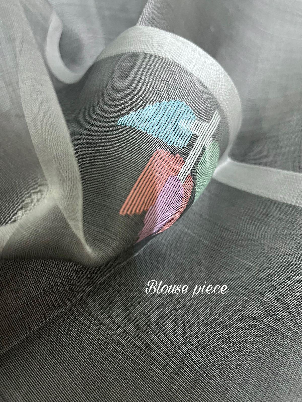 Grey with multi colour floral motifs handwoven muslin silk jamdani saree - Tamal Boutique