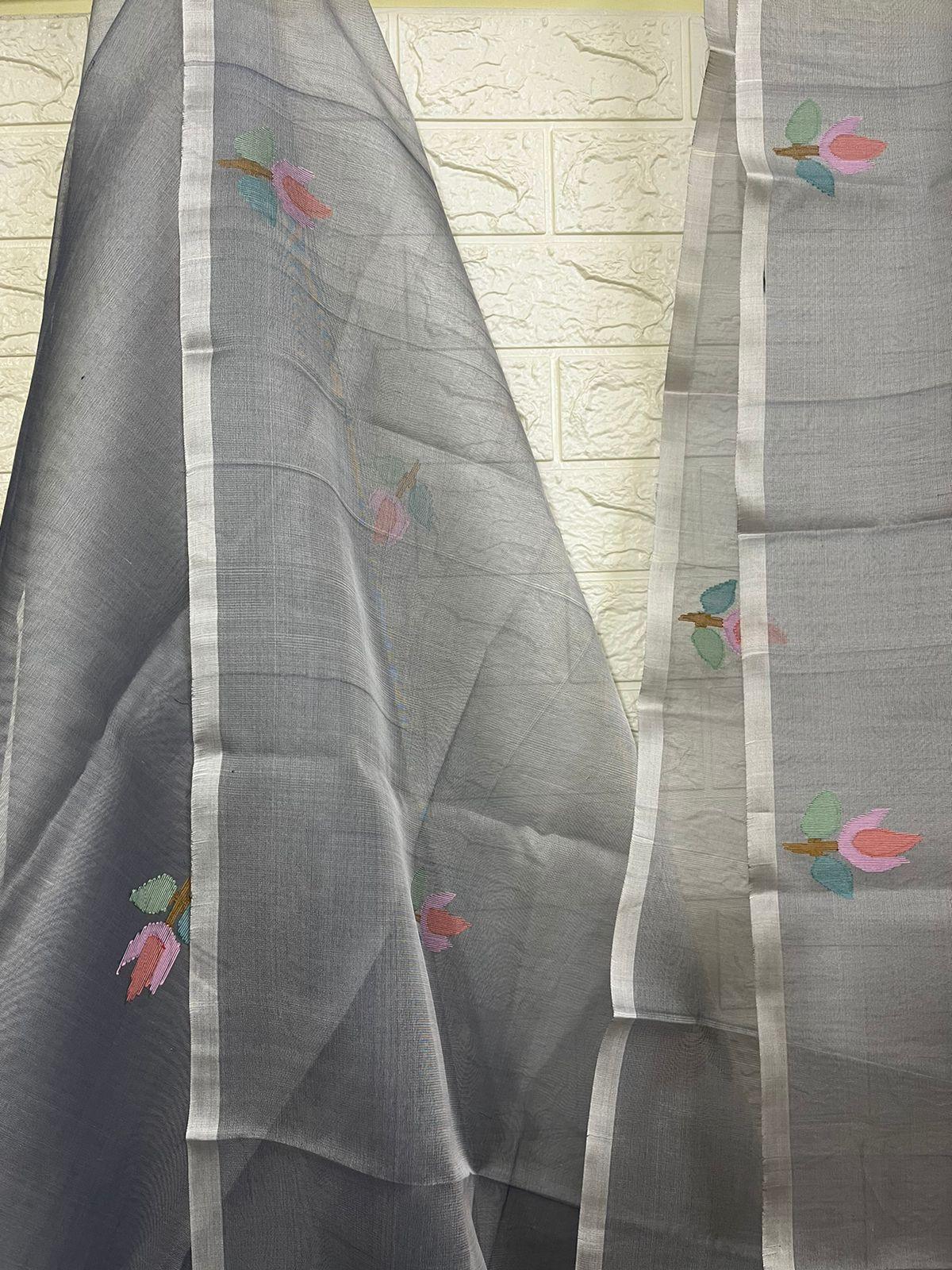 Grey with multi colour floral motifs handwoven muslin silk jamdani saree - Tamal Boutique