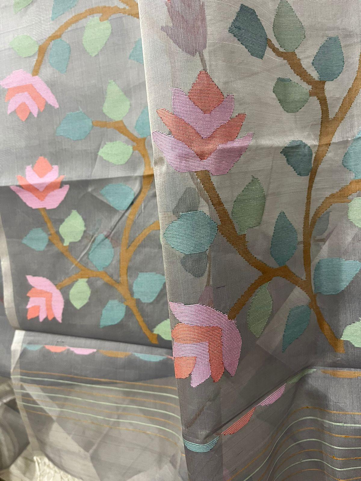 Grey with multi colour floral motifs handwoven muslin silk jamdani saree - Tamal Boutique