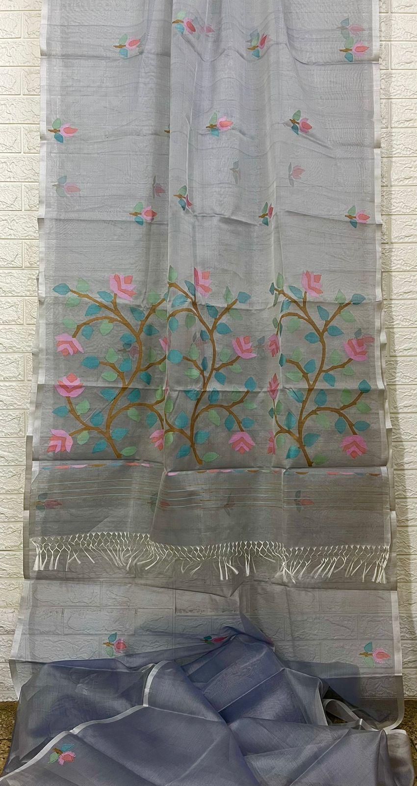 Grey with multi colour floral motifs handwoven muslin silk jamdani saree - Tamal Boutique
