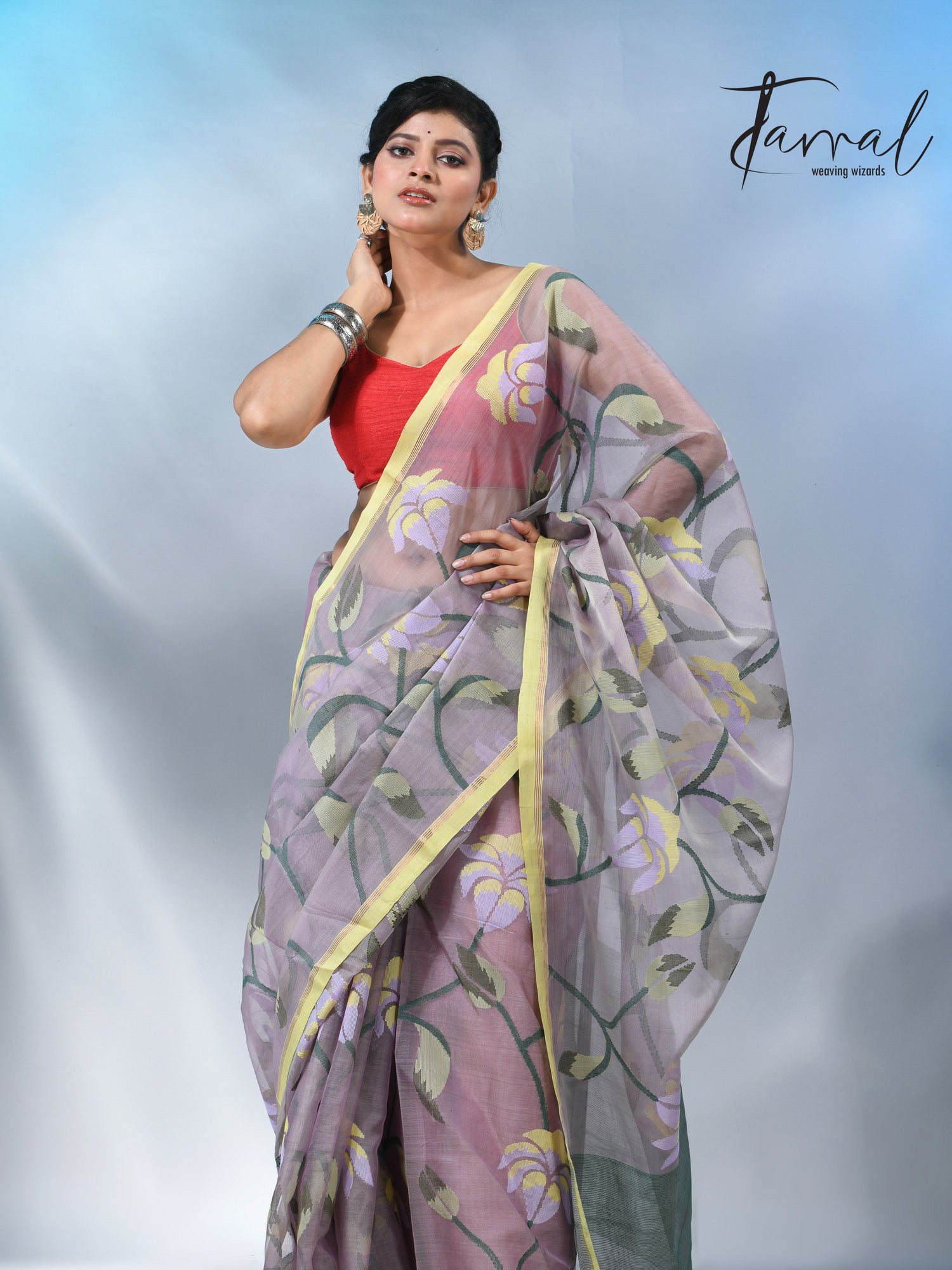 Grey with yellow border handwoven muslin silk  jamdani saree
