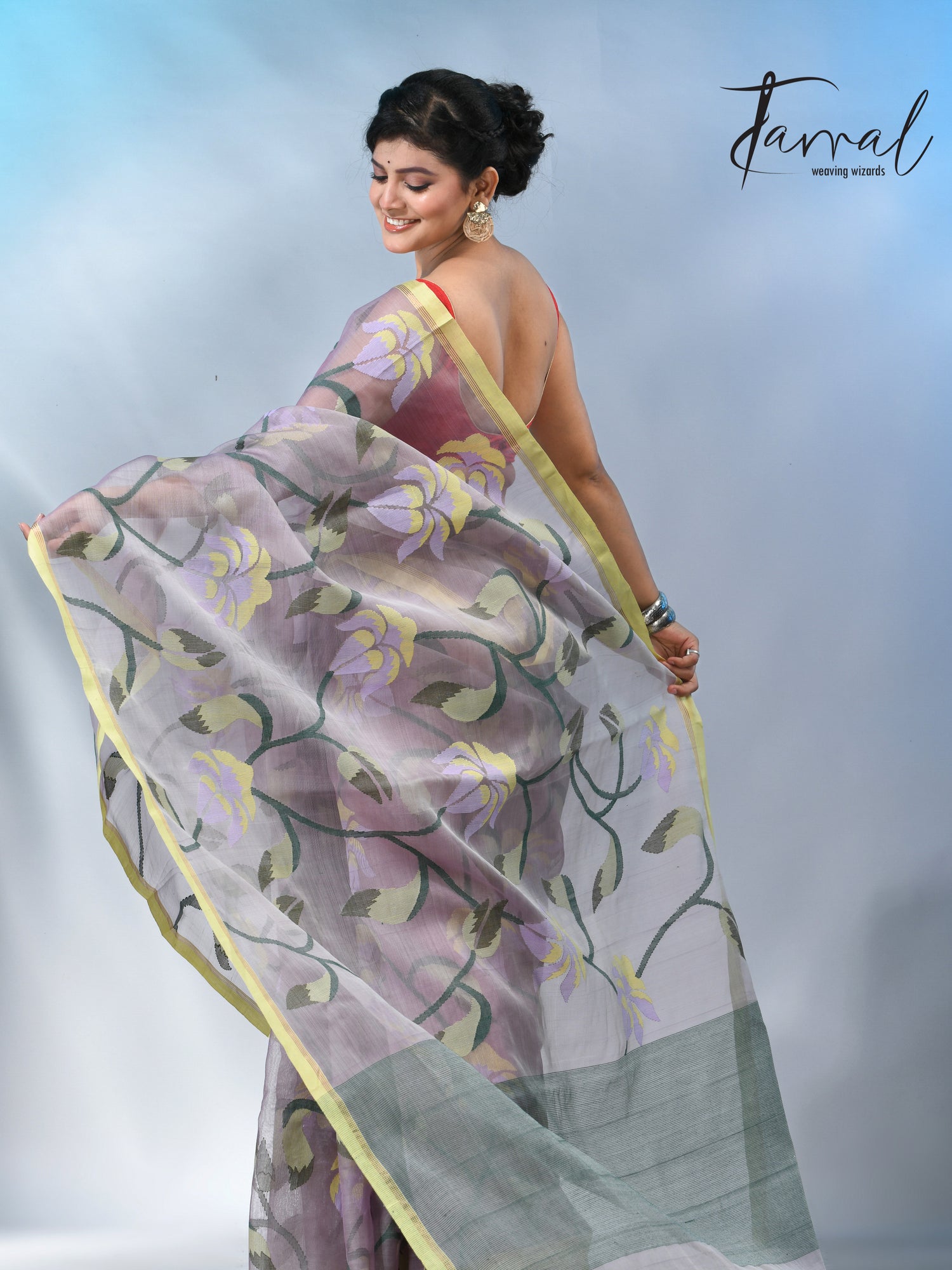 Grey with yellow border handwoven muslin silk  jamdani saree