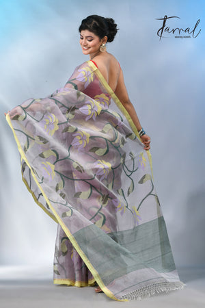 Grey with yellow border handwoven muslin silk  jamdani saree