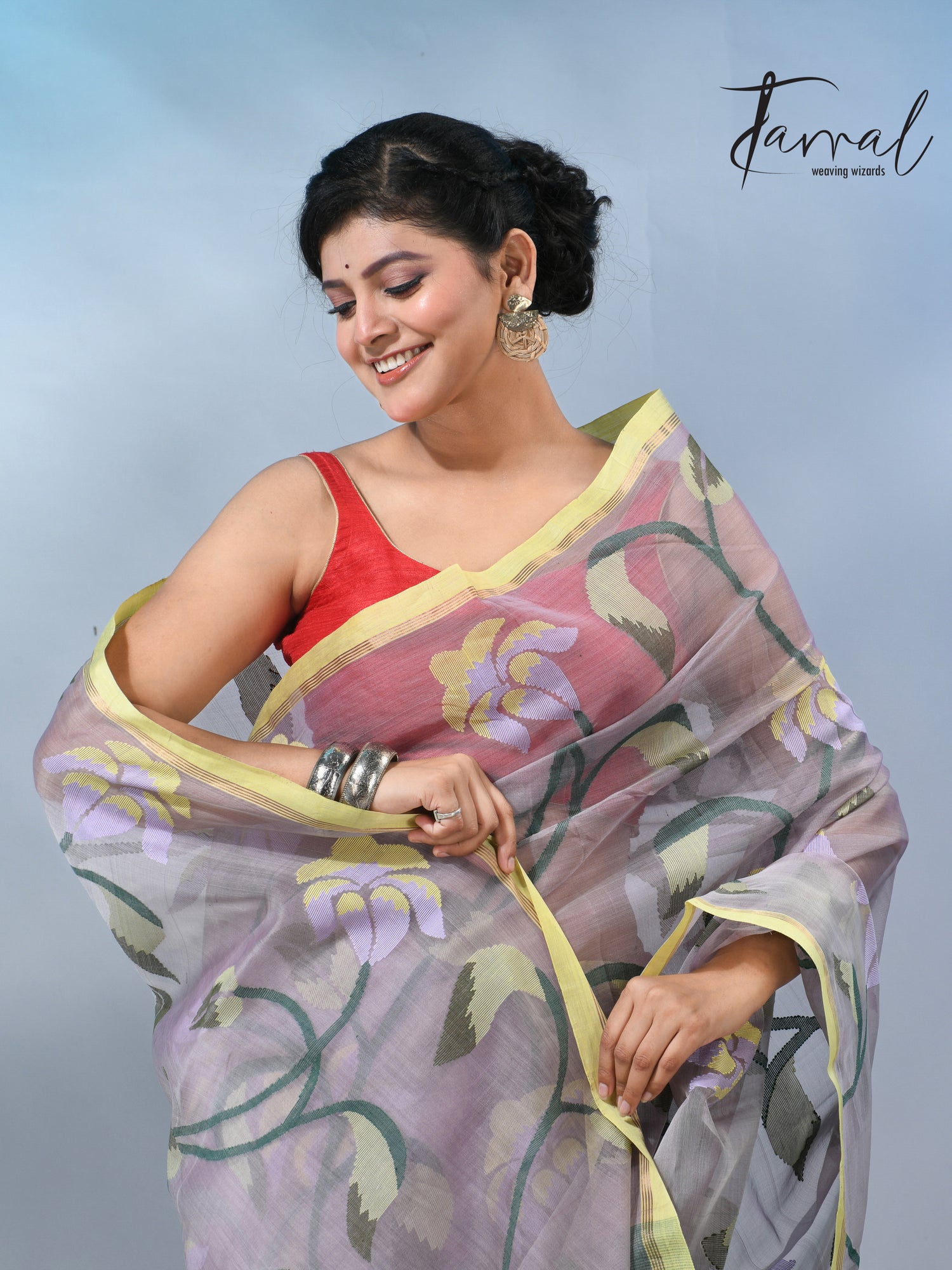 Grey with yellow border handwoven muslin silk  jamdani saree