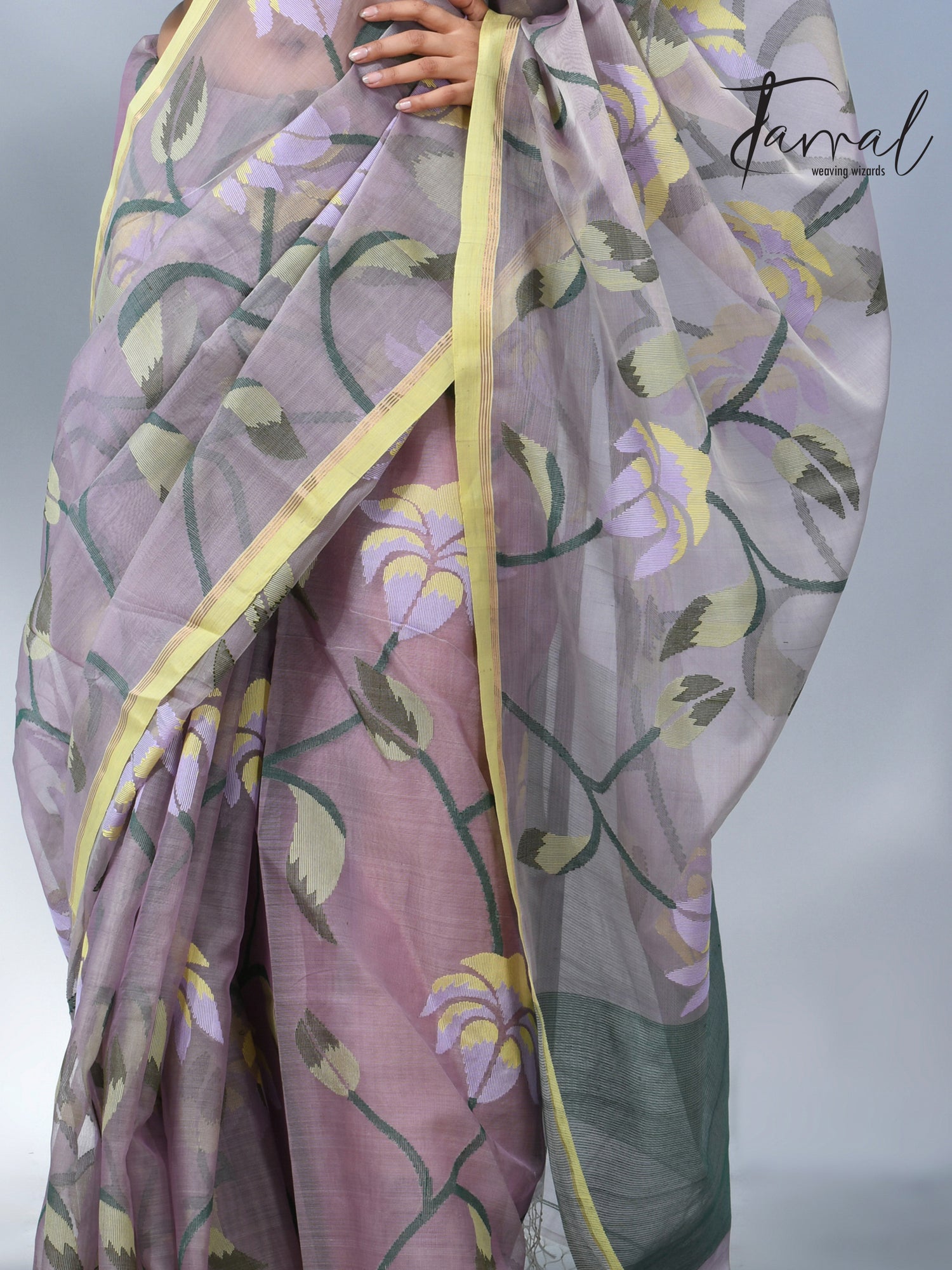 Grey with yellow border handwoven muslin silk  jamdani saree