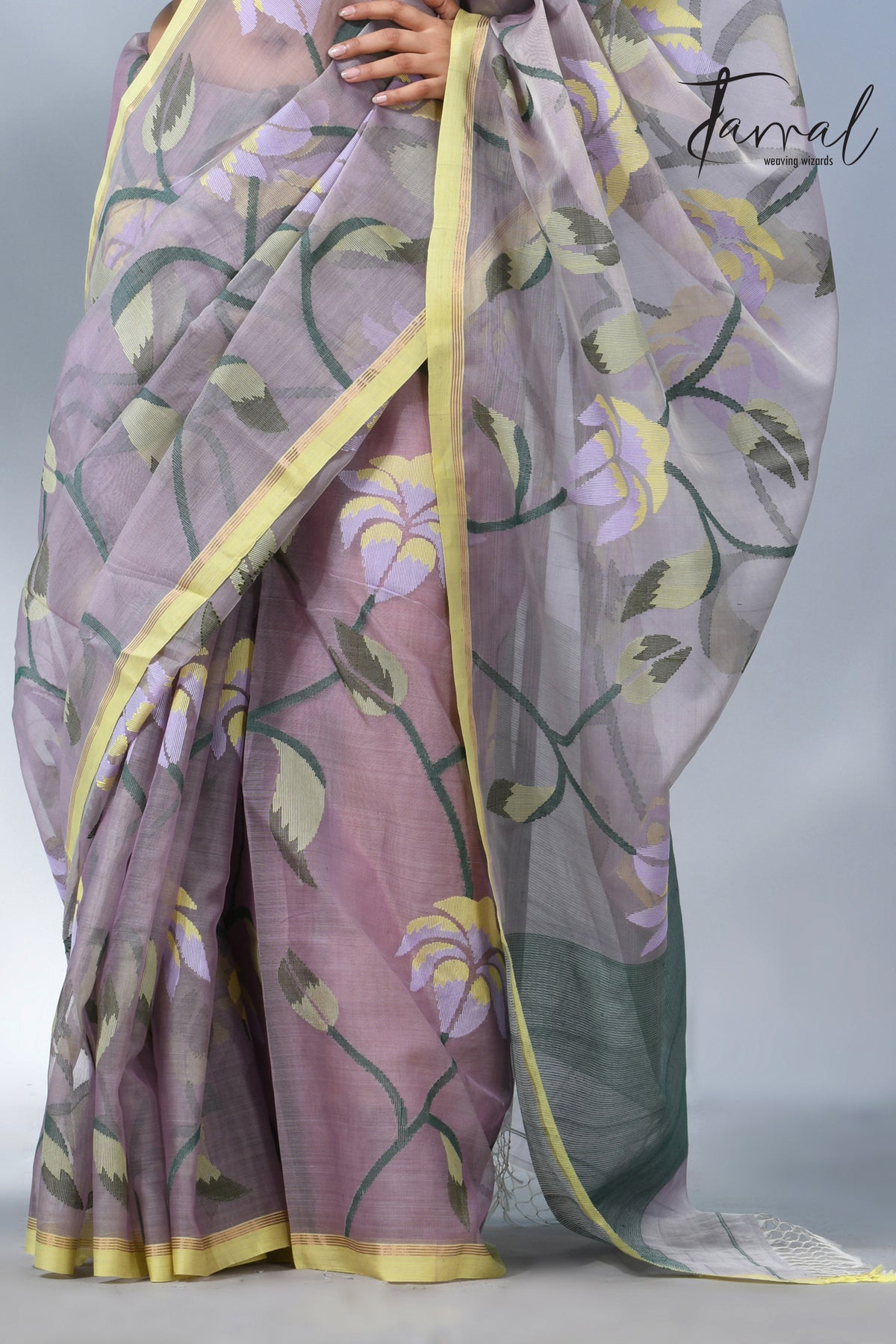 Grey with yellow border handwoven muslin silk  jamdani saree