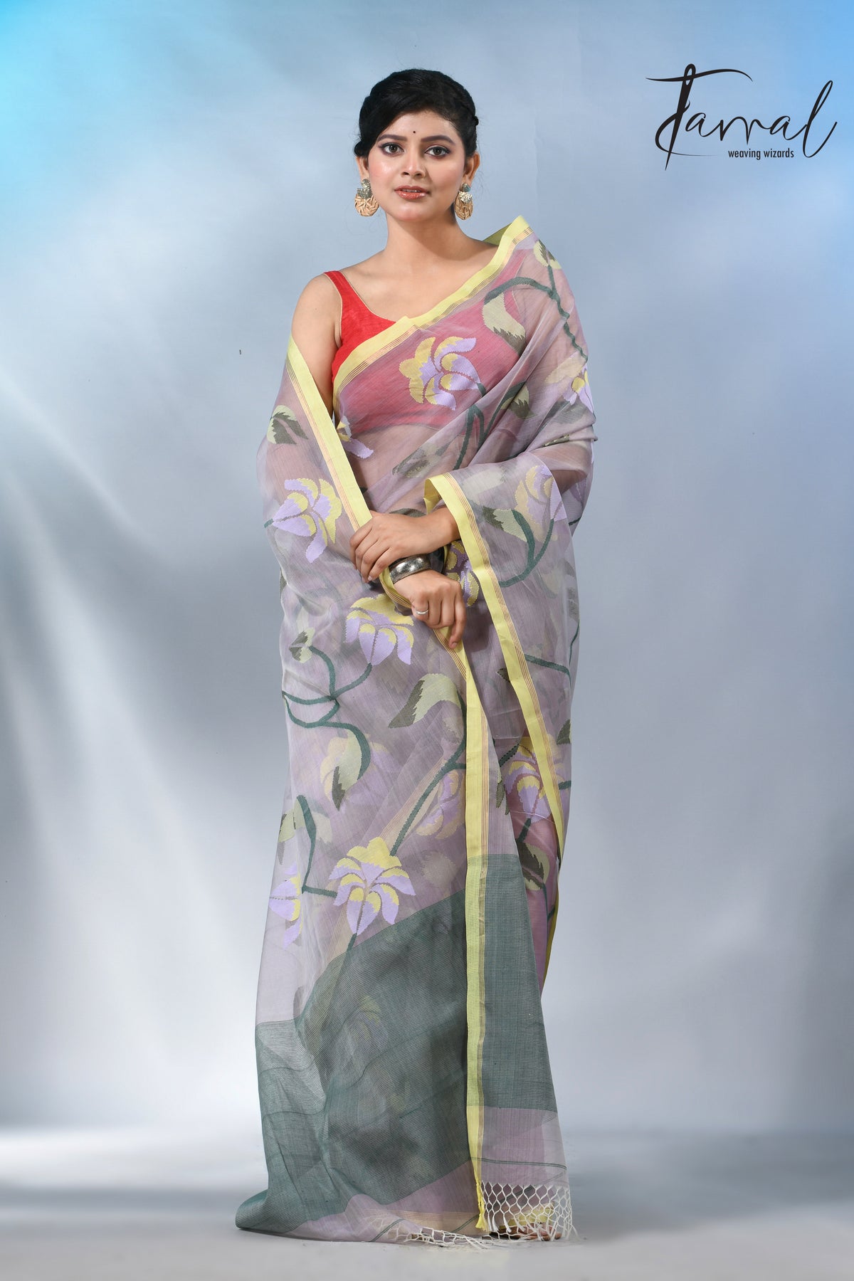 Grey with yellow border handwoven muslin silk  jamdani saree