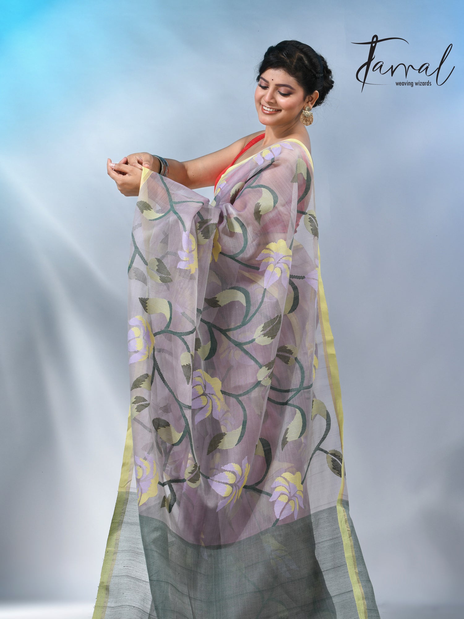 Grey with yellow border handwoven muslin silk  jamdani saree