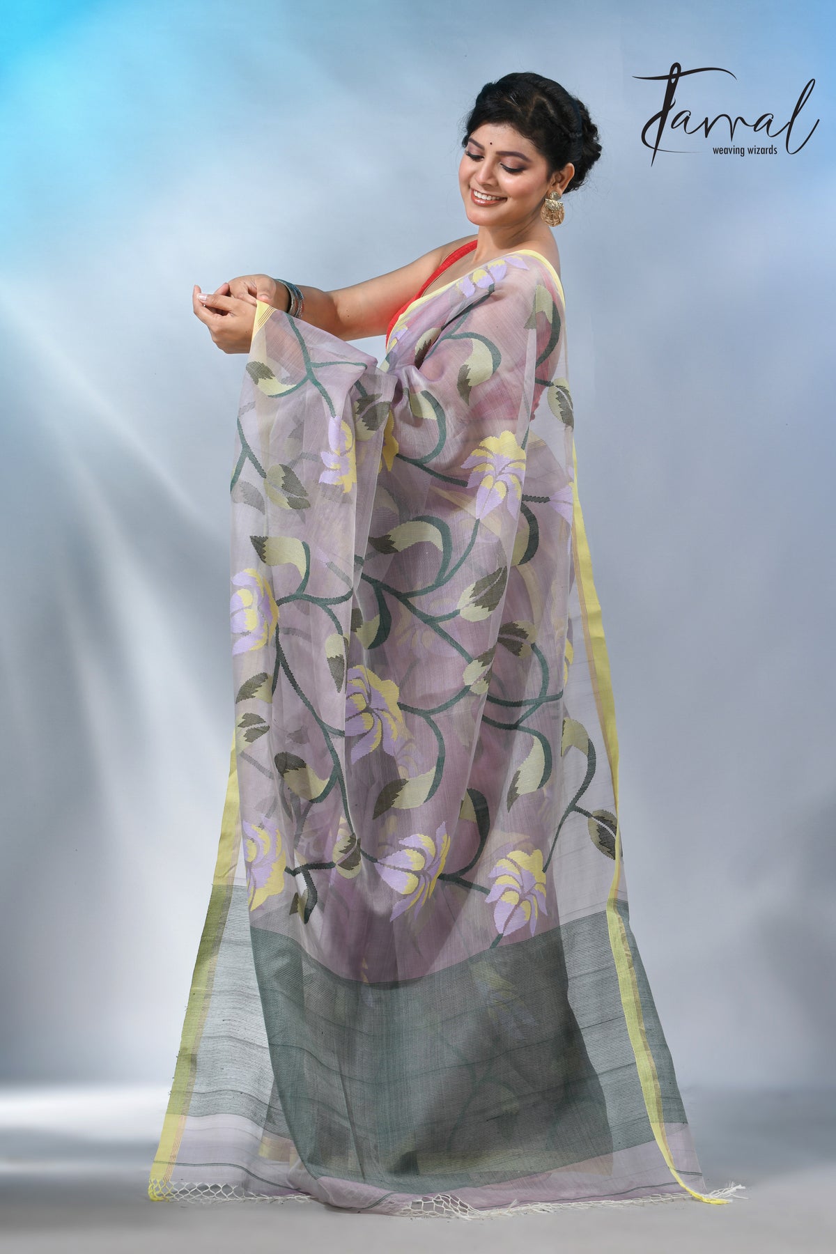 Grey with yellow border handwoven muslin silk  jamdani saree