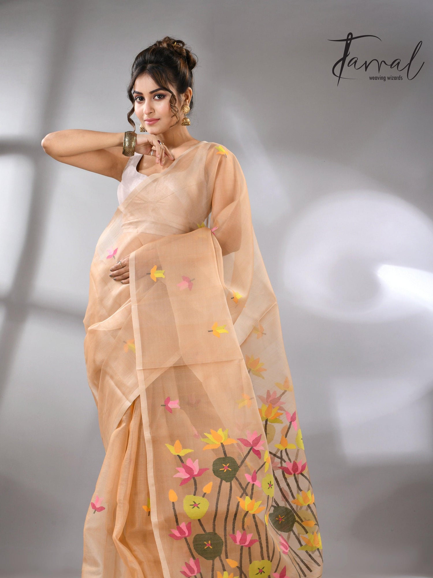 Handwoven Muslin Silk Jamdani Saree With Cream Multi-Color Motifs