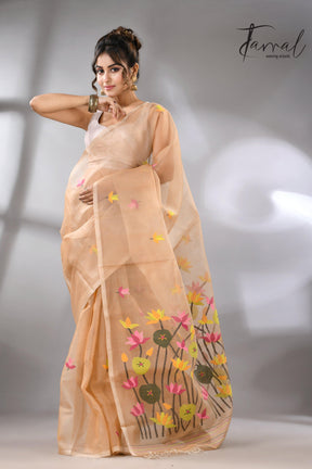 Handwoven Muslin Silk Jamdani Saree With Cream Multi-Color Motifs