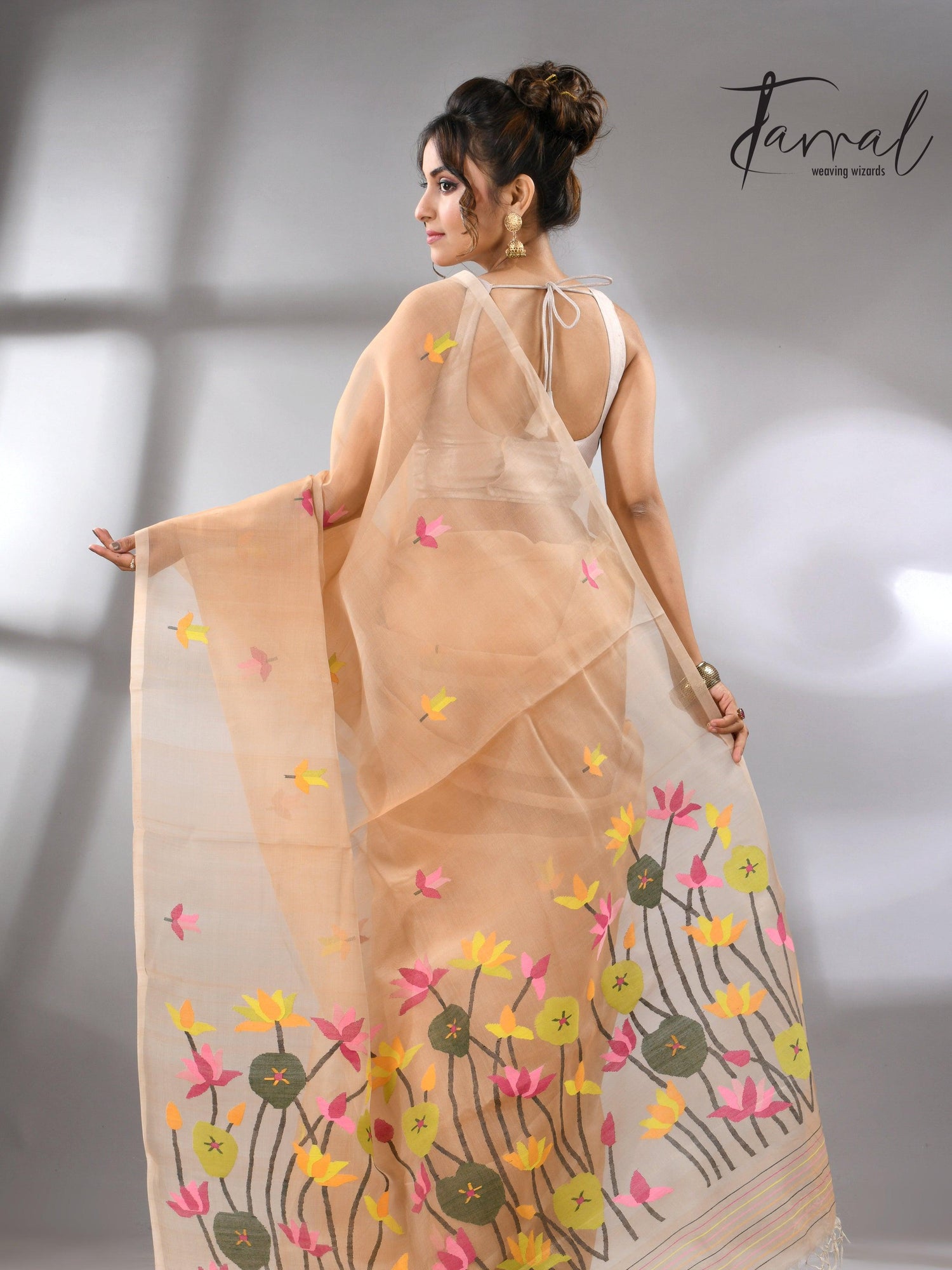 Handwoven Muslin Silk Jamdani Saree With Cream Multi-Color Motifs back