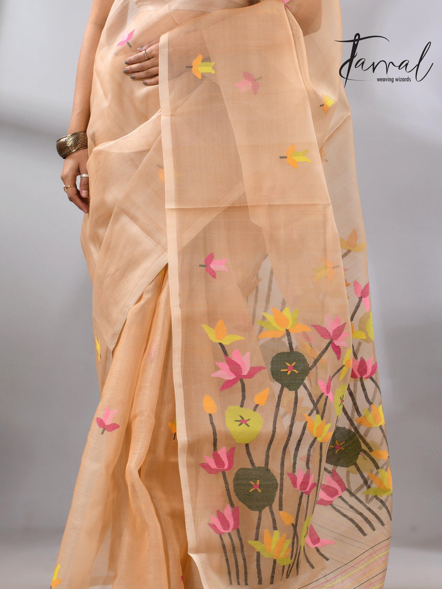 Handwoven Muslin Silk Jamdani Saree With Cream Multi-Color Motifs bottom1