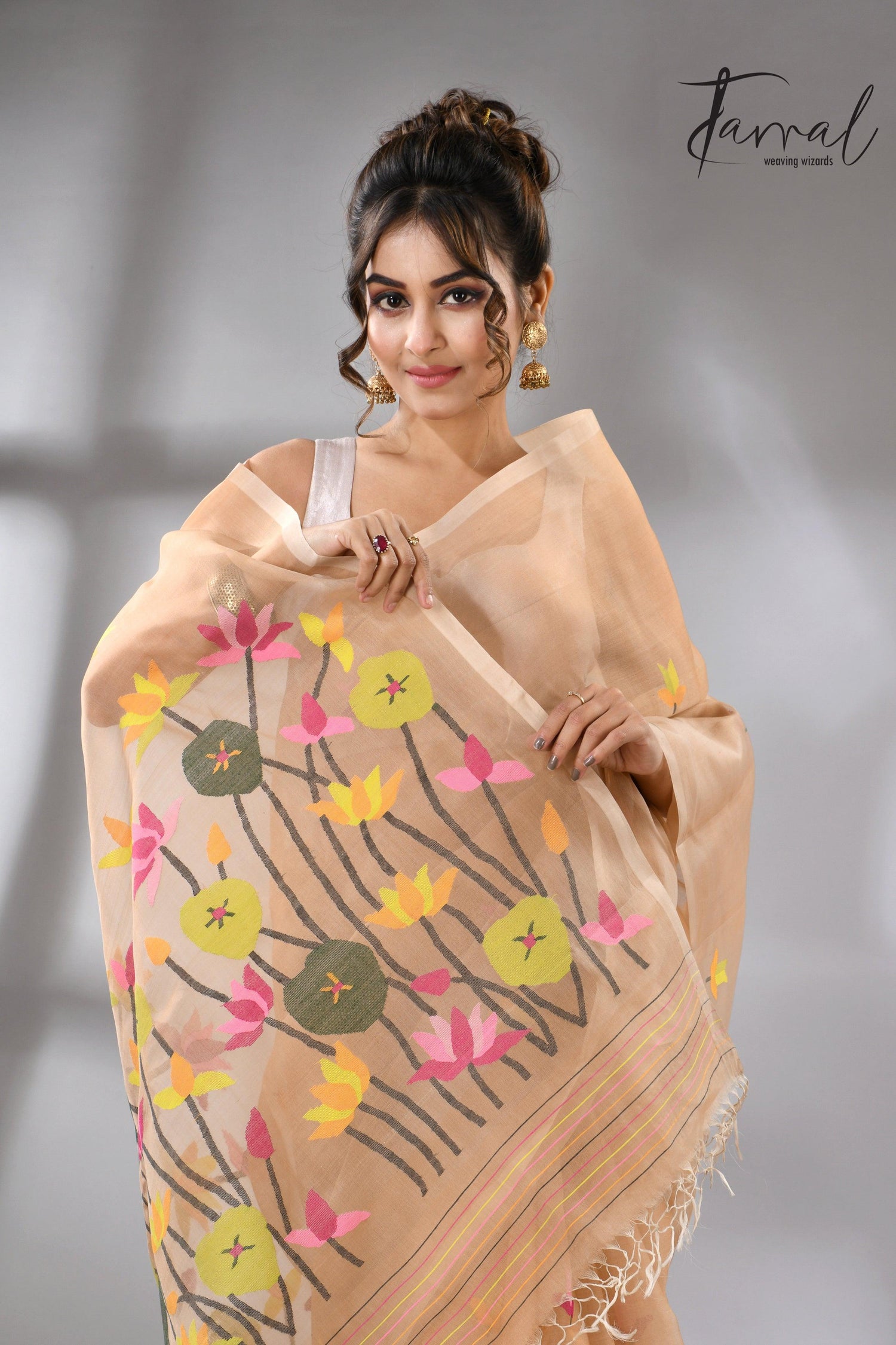 Handwoven Muslin Silk Jamdani Saree With Cream Multi-Color Motifs cls