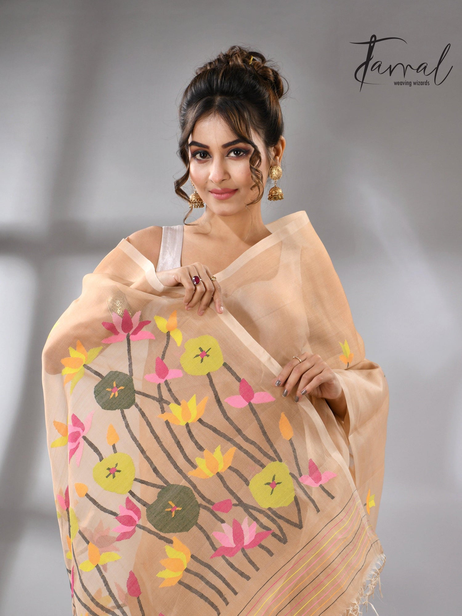 Handwoven Muslin Silk Jamdani Saree With Cream Multi-Color Motifs cls