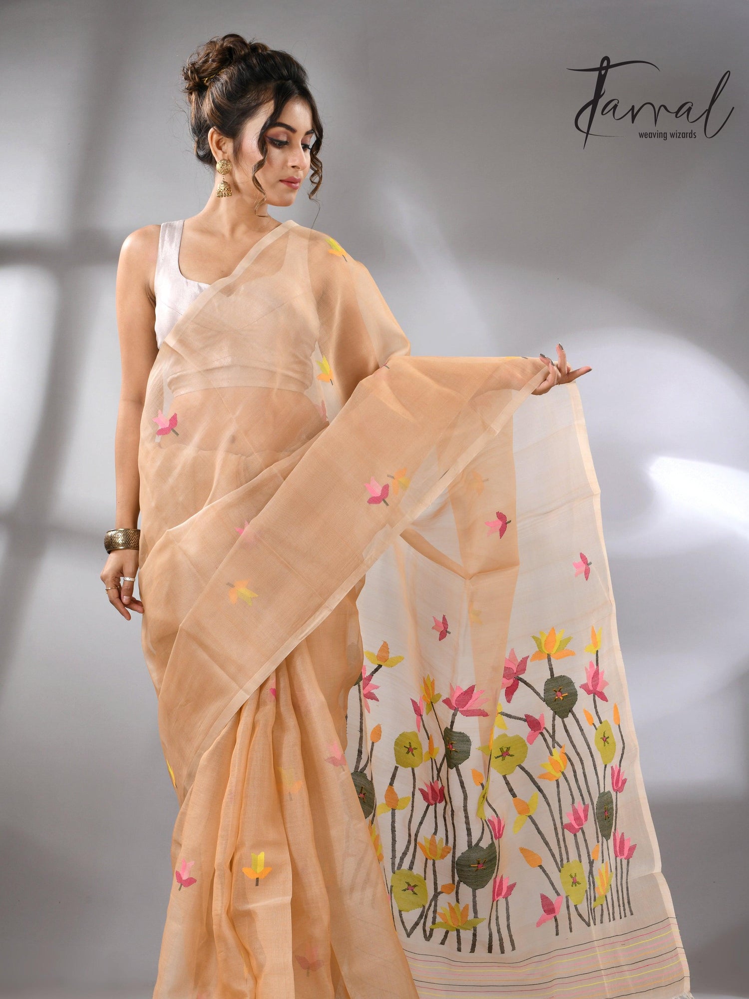 Handwoven Muslin Silk Jamdani Saree With Cream Multi-Color Motifs left
