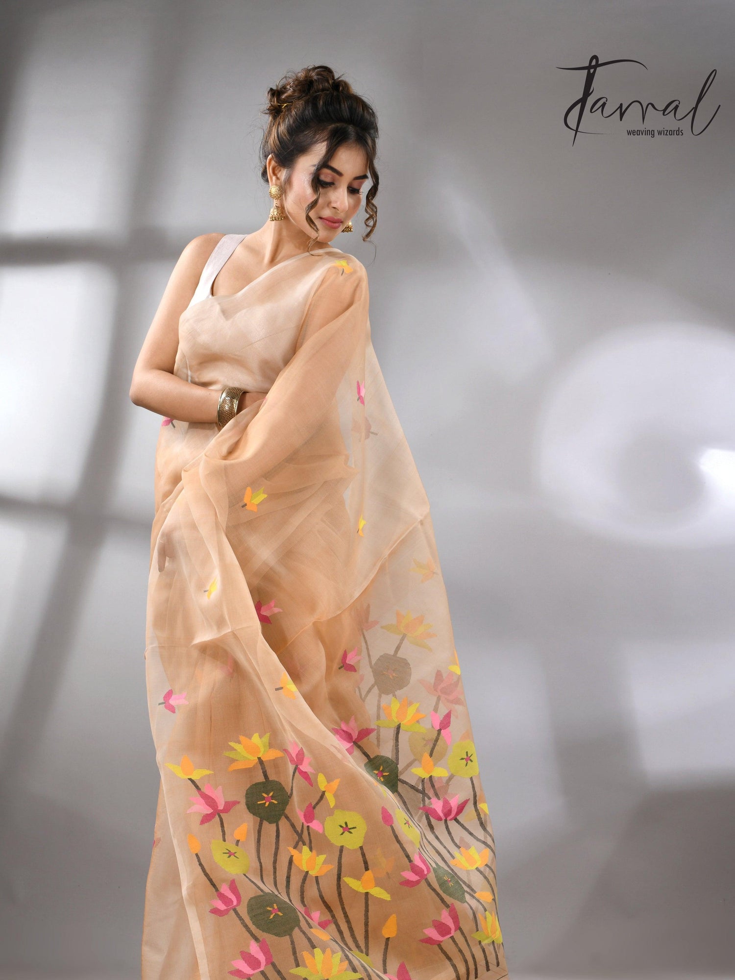 Handwoven Muslin Silk Jamdani Saree With Cream Multi-Color Motifs left