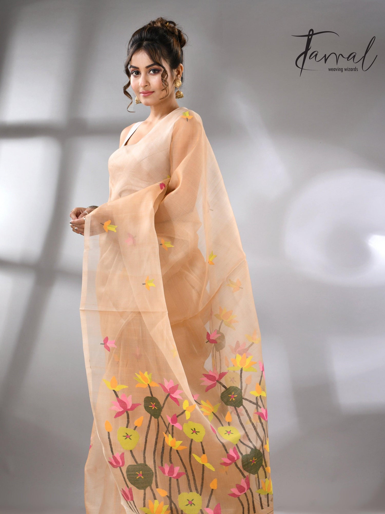 Handwoven Muslin Silk Jamdani Saree With Cream Multi-Color Motifs left
