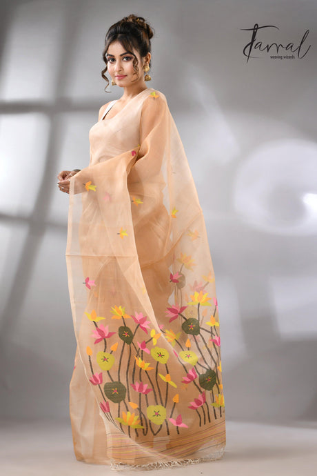 Handwoven Muslin Silk Jamdani Saree With Cream Multi-Color Motifs left