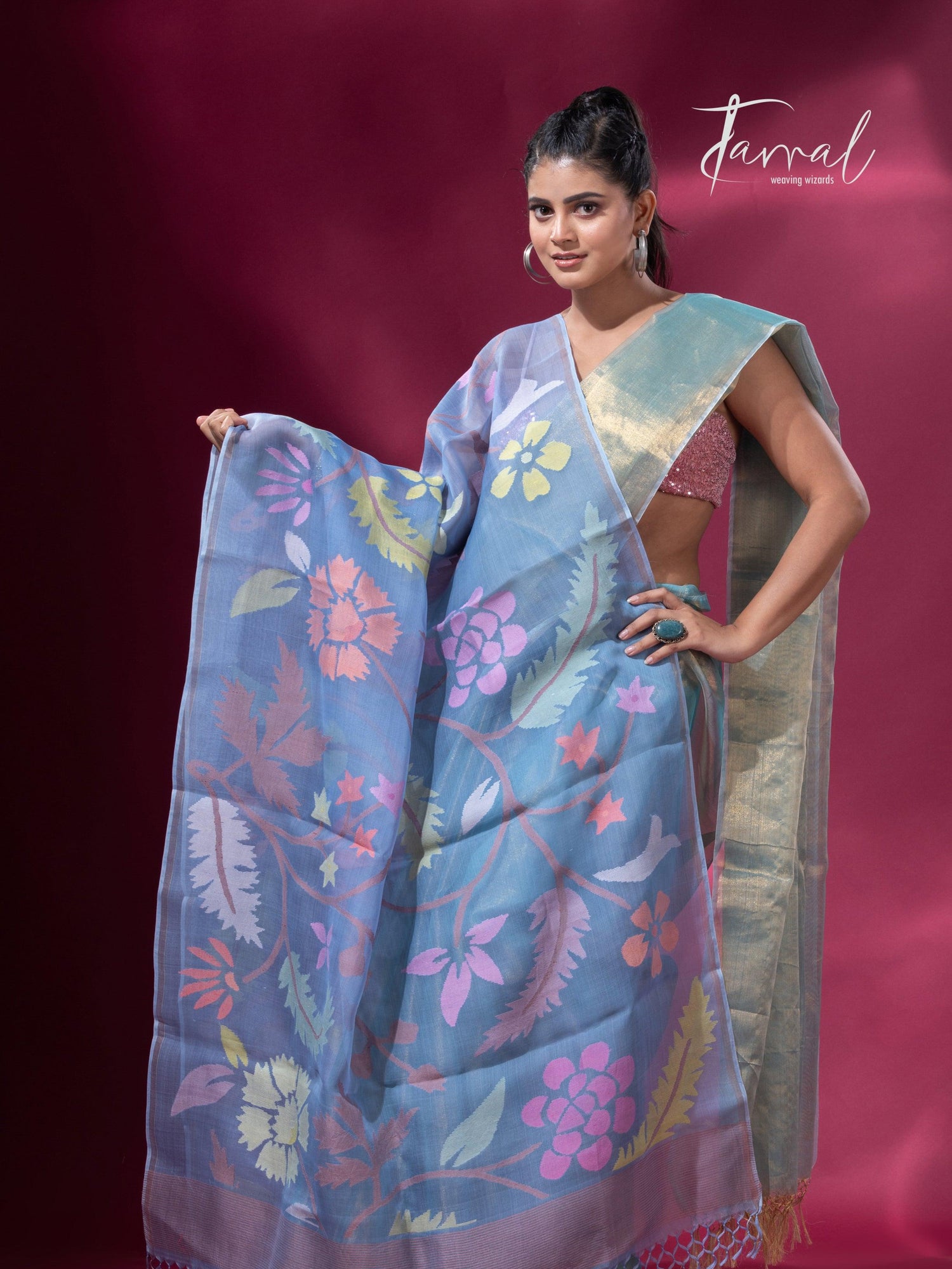 Handwoven Muslin Silk with Jamdani Dupatta in Blueish Grey