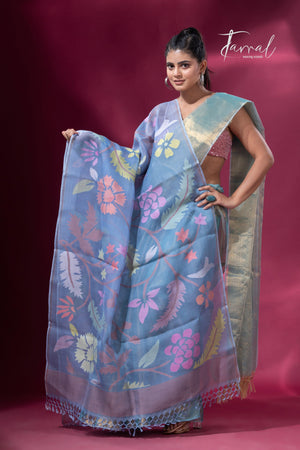Handwoven Muslin Silk with Jamdani Dupatta in Blueish Grey