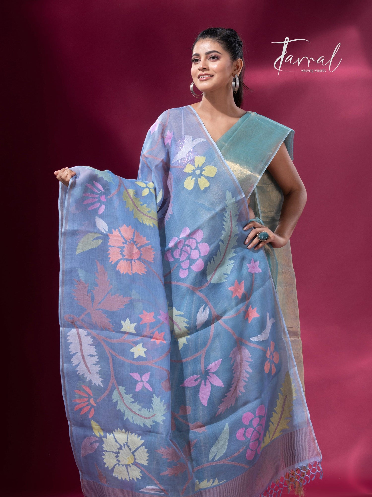 Handwoven Muslin Silk with Jamdani Dupatta in Blueish Grey full