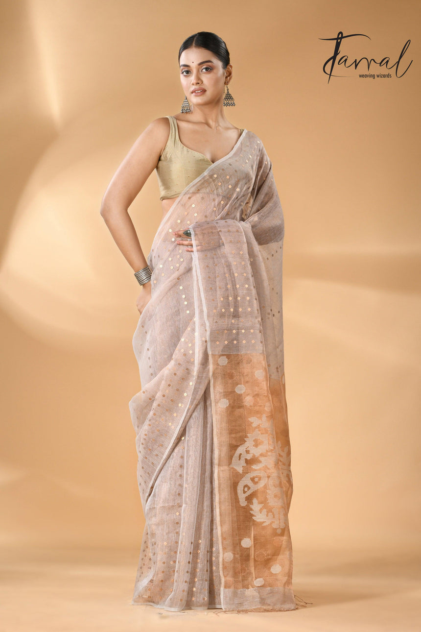Handwoven Needlework Jamdani Saree featuring a Grey and Brown Pallu full