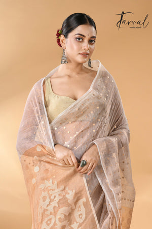 Handwoven Needlework Jamdani Saree featuring a Grey and Brown Pallu full1