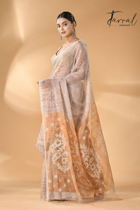Handwoven Needlework Jamdani Saree featuring a Grey and Brown Pallu right1