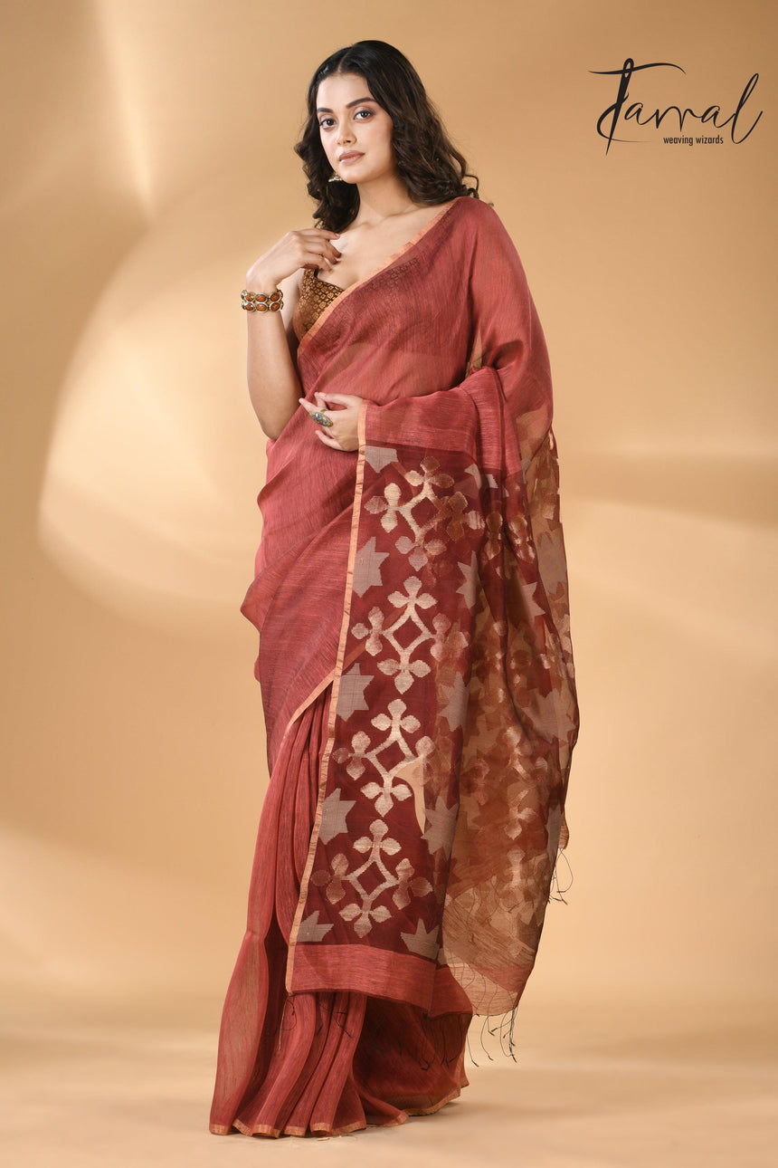 Handwoven jamdani saree in maroon star-pallu in silk linen