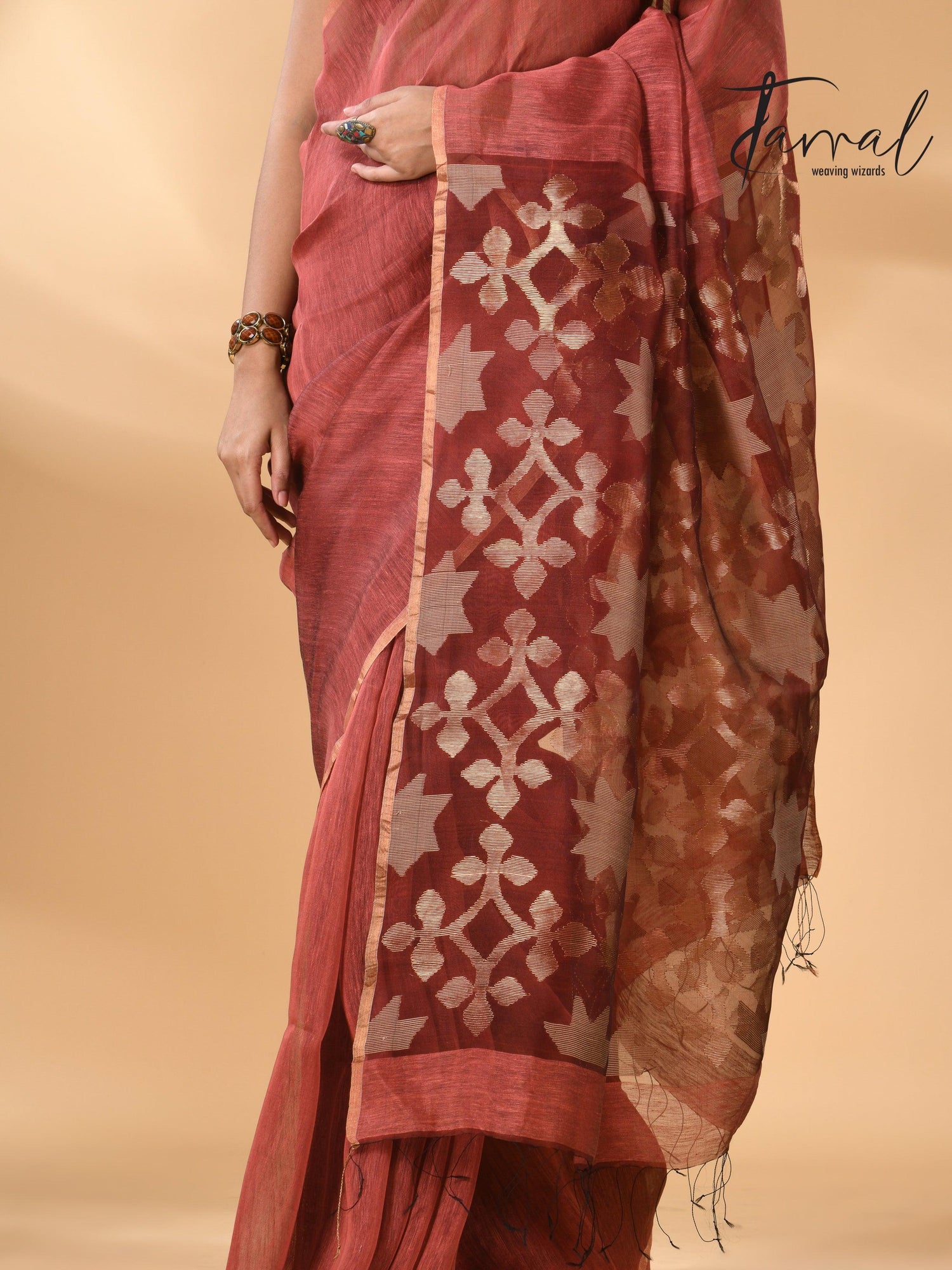 Handwoven jamdani saree in maroon star-pallu in silk linen bottom