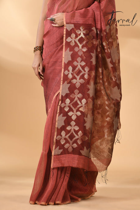 Handwoven jamdani saree in maroon star-pallu in silk linen bottom