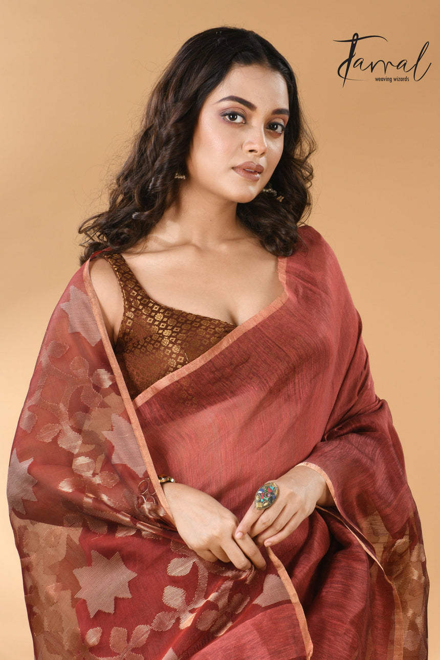 Handwoven jamdani saree in maroon star-pallu in silk linen cls