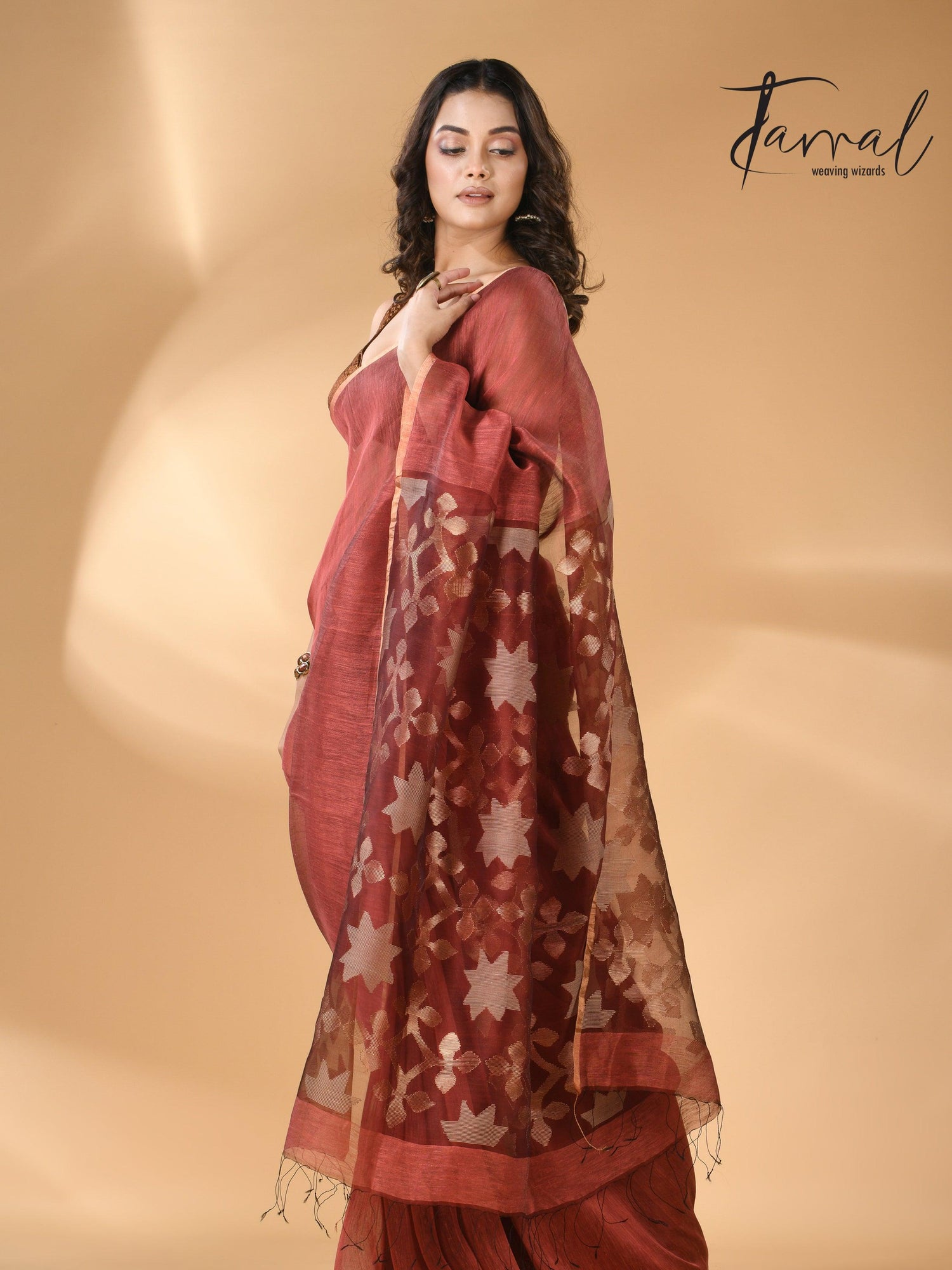 Handwoven jamdani saree in maroon star-pallu in silk linen full2