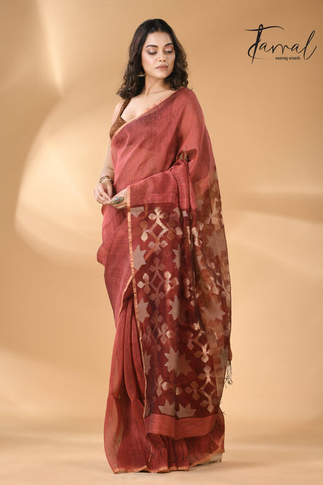 Handwoven jamdani saree in maroon star-pallu in silk linen full1